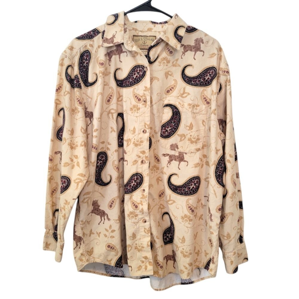 Bit & Bridle Western Paisley Horse Print Corduroy Button Up Top Size Large